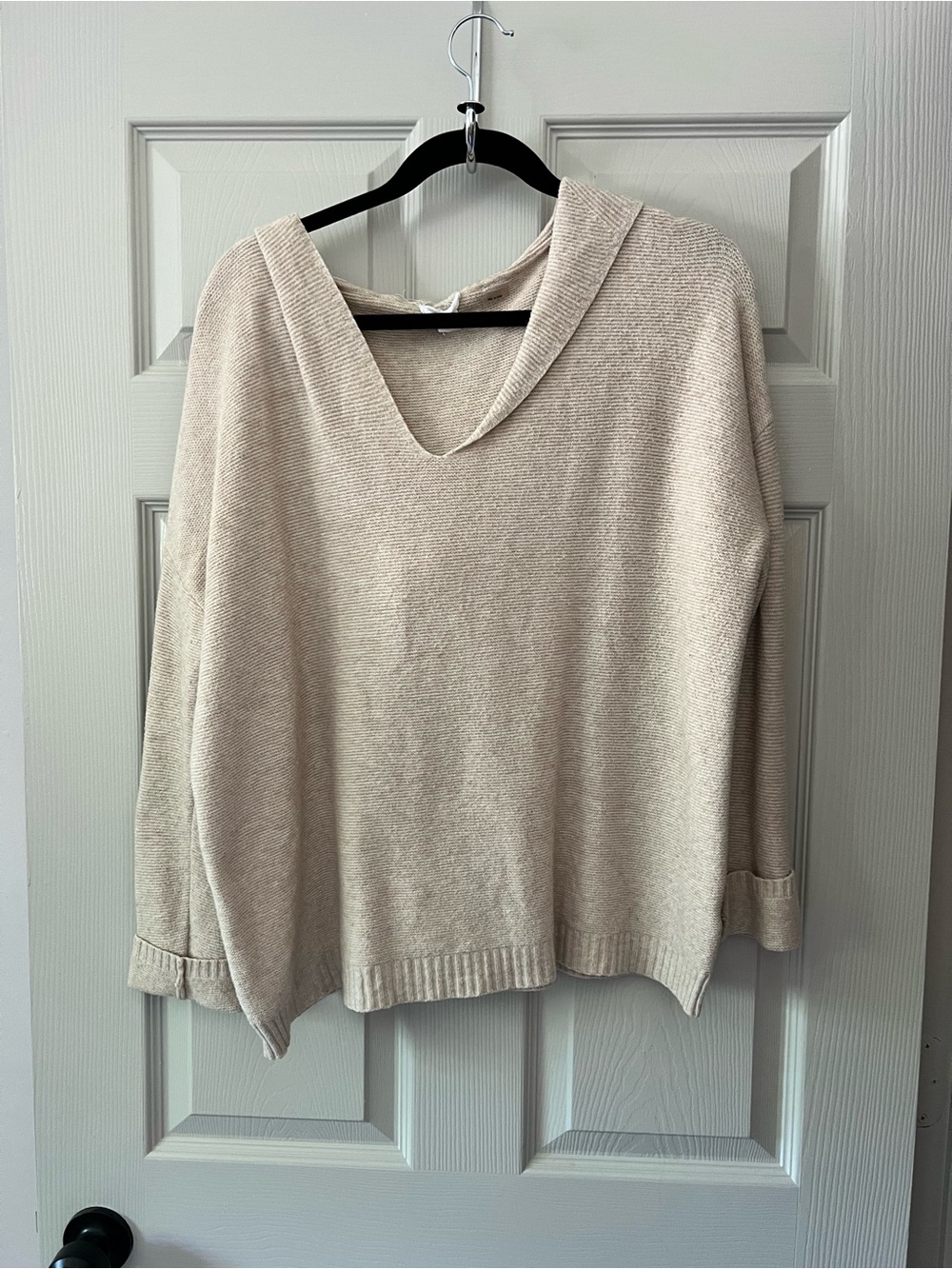 Relaxed V-Neck Hooded Sweater in Soft Cream